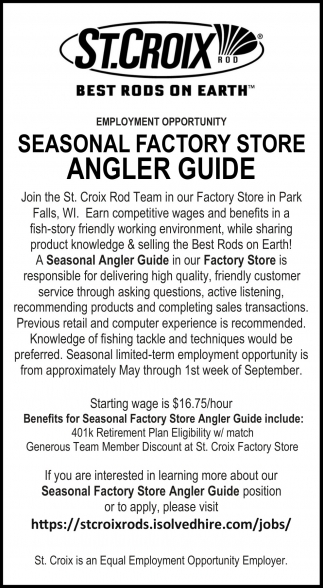 jobs at st croix rods Angler Guide, St. Croix Rod, Park Falls, WI