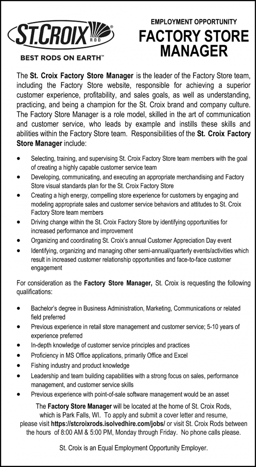 Factory Store Manager, St. Croix Rod, Park Falls, WI
