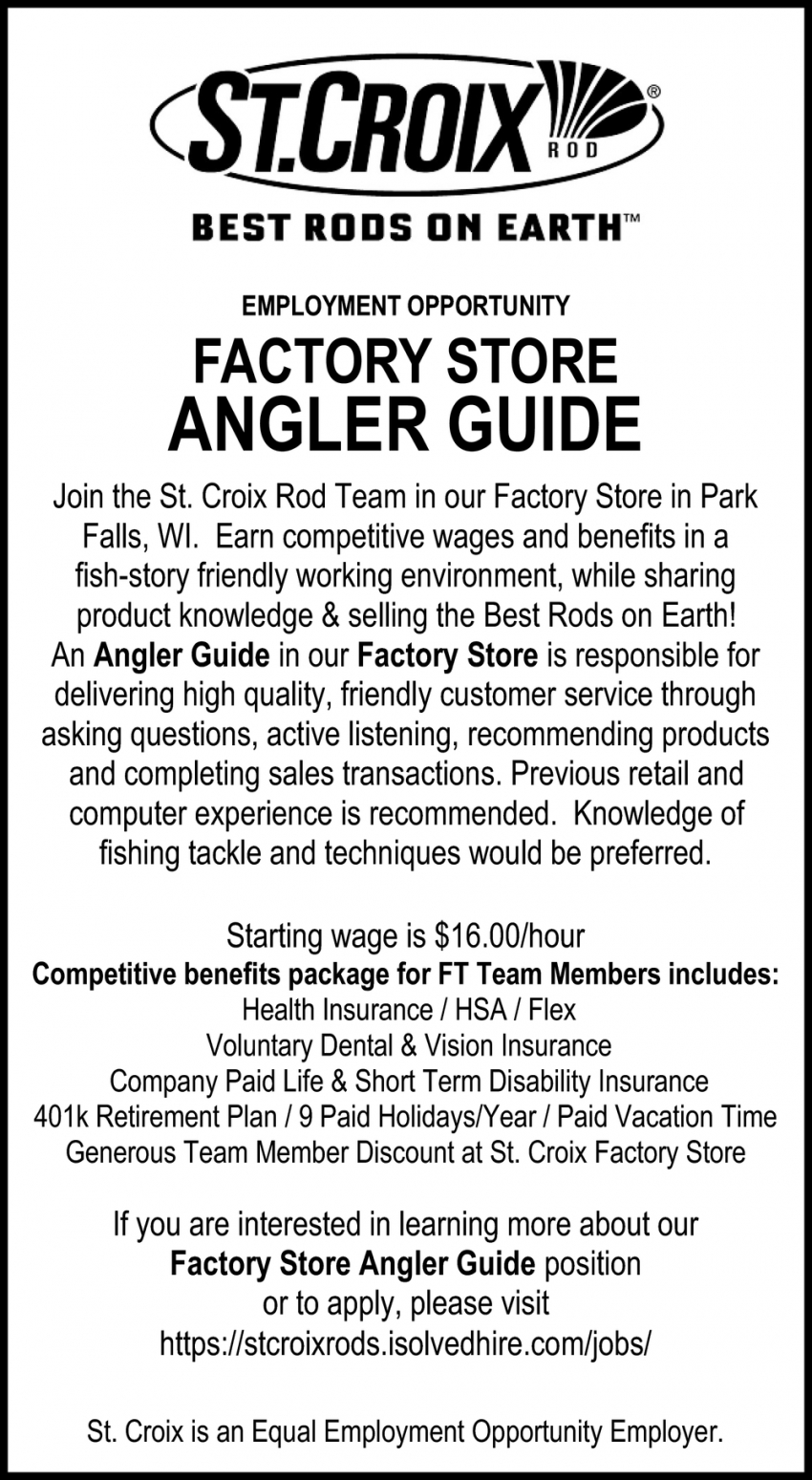 Factory Store Angler Guide, St. Croix Rod, Park Falls, WI